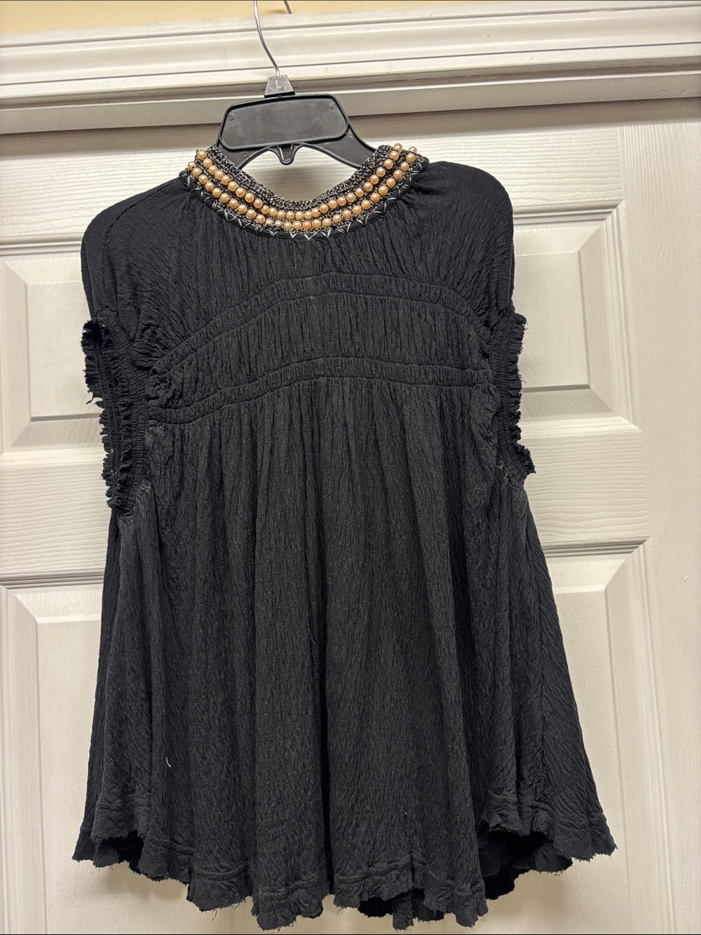 Free People Black , Silver & Pearl Beaded-Neck Smocked Black Flowy Top Small